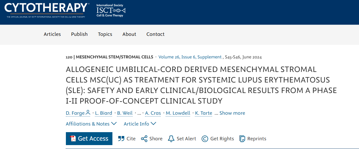 同種異體臍帶間充質基質細胞 MSC(UC) 治療系統性紅斑狼瘡 (SLE)：I-II 期概念驗證臨床研究的安全性和早期臨床/生物學結果
