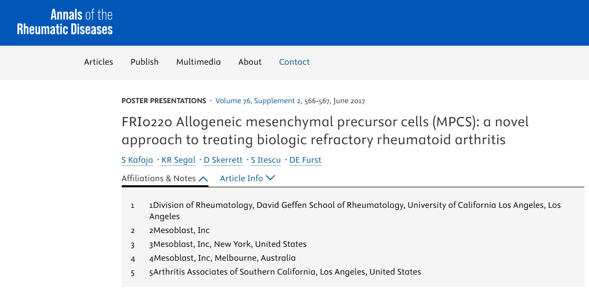 FRI0220 同種異體間充質前體細胞(MPCS):治療生物難治性類風濕性關節炎的新方法 FRI0220 同種異體間充質前體細胞(MPCS):治療生物難治性類風濕性關節炎的新方法