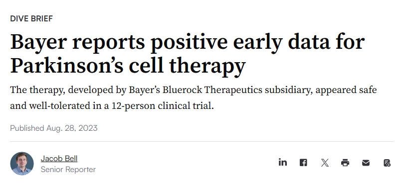 拜耳報告帕金森細胞療法的早期積極數(shù)據(jù) 拜耳報告帕金森細胞療法的早期積極數(shù)據(jù)