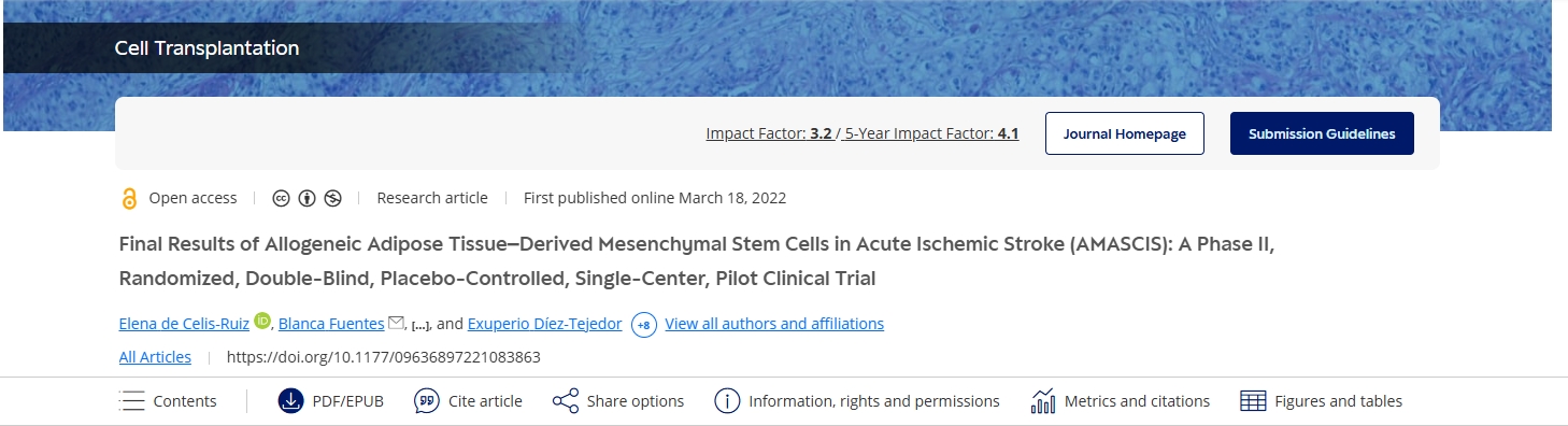 同種異體脂肪組織來源的間充質(zhì)干細(xì)胞治療急性缺血性中風(fēng) (AMASCIS) 的最終結(jié)果:一項(xiàng)II期、隨機(jī)、雙盲、安慰劑對照、單中心、試點(diǎn)臨床試驗(yàn) 同種異體脂肪組織來源的間充質(zhì)干細(xì)胞治療急性缺血性中風(fēng) (AMASCIS) 的最終結(jié)果:一項(xiàng)II期、隨機(jī)、雙盲、安慰劑對照、單中心、試點(diǎn)臨床試驗(yàn)