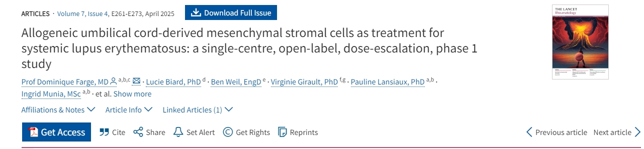 同種異體臍帶間充質(zhì)基質(zhì)細(xì)胞治療系統(tǒng)性紅斑狼瘡:一項(xiàng)單中心、開放標(biāo)簽、劑量遞增、1期研究 同種異體臍帶間充質(zhì)基質(zhì)細(xì)胞治療系統(tǒng)性紅斑狼瘡:一項(xiàng)單中心、開放標(biāo)簽、劑量遞增、1期研究