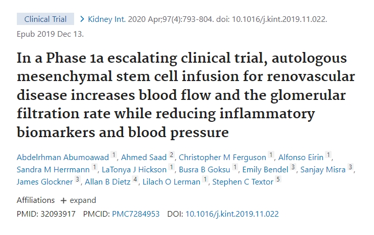 在Ia期升級臨床試驗中，自體間充質(zhì)干細胞輸注治療腎血管疾病可增加血流量和腎小球濾過率，同時降低炎癥生物標志物和血壓