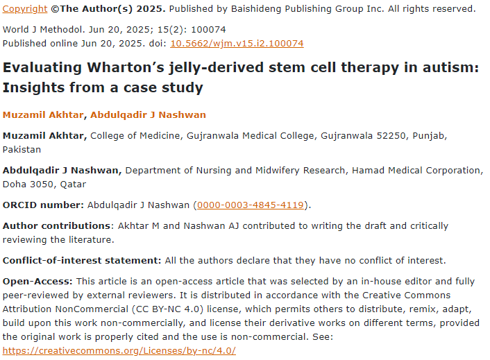 評估沃頓果凍干細胞療法治療自閉癥：案例研究的見解