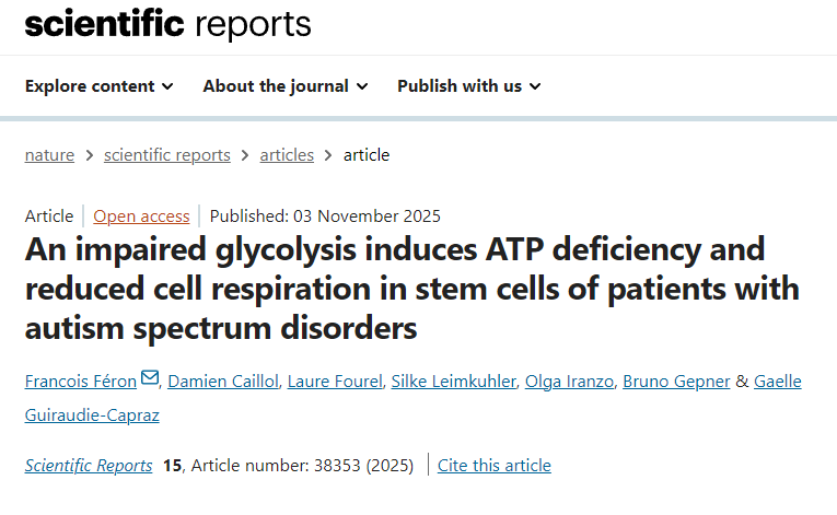 自閉癥譜系障礙患者的干細胞中，糖酵解受損會導致ATP缺乏和細胞呼吸作用降低