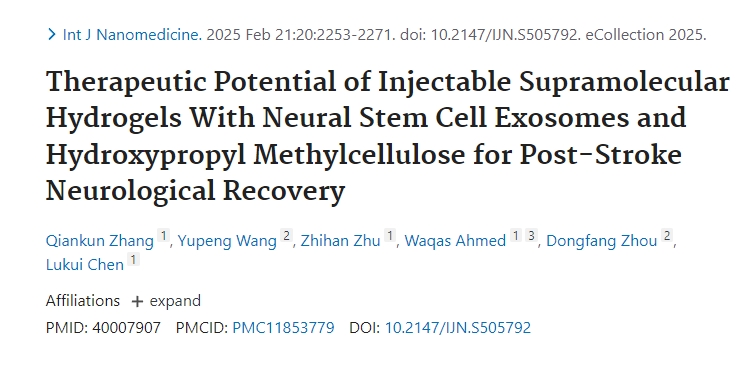 可注射超分子水凝膠與神經干細胞外泌體和羥丙基甲基纖維素對中風后神經功能恢復的治療潛力