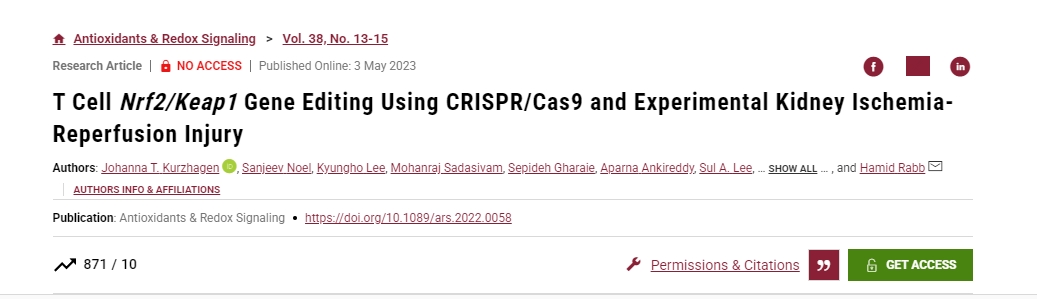 利用CRISPR/Cas9進行T細胞
Nrf2/Keap1基因編輯和實驗性腎臟缺血-再灌注損傷