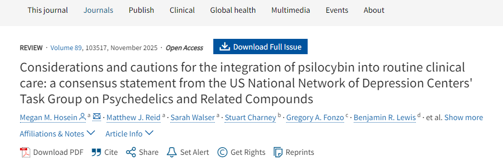 將裸蓋菇素納入常規(guī)臨床護(hù)理的考量與注意事項(xiàng)：美國(guó)國(guó)家抑郁癥中心網(wǎng)絡(luò)迷幻藥及相關(guān)化合物工作組的共識(shí)聲明