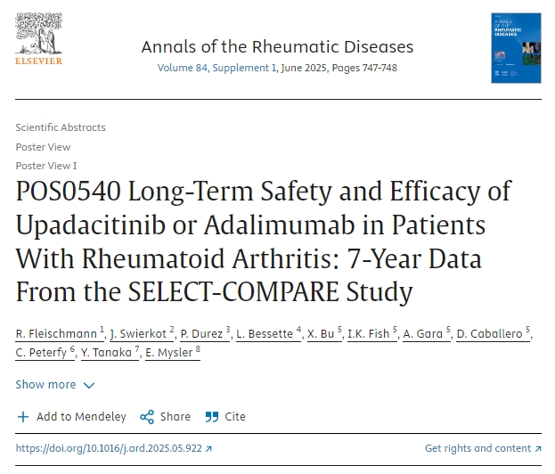 POS0540 Upadacitinib 或阿達木單抗對類風濕性關節炎患者的長期安全性和有效性:來自SELECT-COMPARE研究的7年數據 POS0540 Upadacitinib 或阿達木單抗對類風濕性關節炎患者的長期安全性和有效性:來自SELECT-COMPARE研究的7年數據
