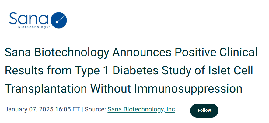 Sana Biotechnology宣布1型糖尿病患者無免疫抑制胰島細(xì)胞移植研究取得積極臨床結(jié)果 Sana Biotechnology宣布1型糖尿病患者無免疫抑制胰島細(xì)胞移植研究取得積極臨床結(jié)果