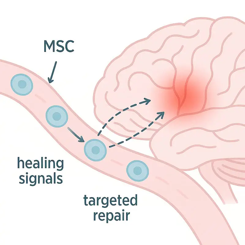 MSCs在血液中循環，并通過生物活性分子向細胞發送信號。這觸發了個體自身干細胞的激活過程，從而緩解炎癥并加速神經系統內的生理過程。