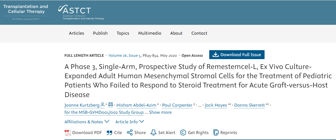 一項3期單組前瞻性研究，探討Remestemcel-L（體外培養擴增的成人人類間充質基質細胞）對類固醇治療急性移植物抗宿主病無效的兒科患者的療效