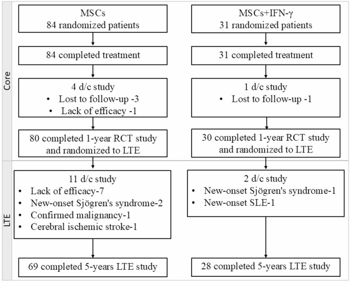 圖1:患者處置。IFN-γ,干擾素γ;LTE,長期擴展;MSCs,間充質干細胞;RCT,隨機對照臨床試驗;SLE,系統性紅斑狼瘡 圖1:患者處置。IFN-γ,干擾素γ;LTE,長期擴展;MSCs,間充質干細胞;RCT,隨機對照臨床試驗;SLE,系統性紅斑狼瘡