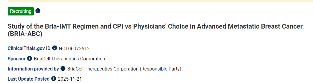 晚期轉移性乳腺癌患者接受 Bria-IMT 方案和 CPI 治療與醫生選擇方案的比較研究 (BRIA-ABC) 晚期轉移性乳腺癌患者接受 Bria-IMT 方案和 CPI 治療與醫生選擇方案的比較研究 (BRIA-ABC)